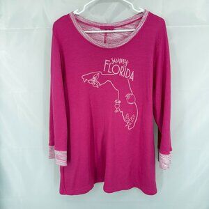 Fresh Produce Women L Terry Knit Tunic Top Pink Sunny Florida 3/4 Sleeve Round